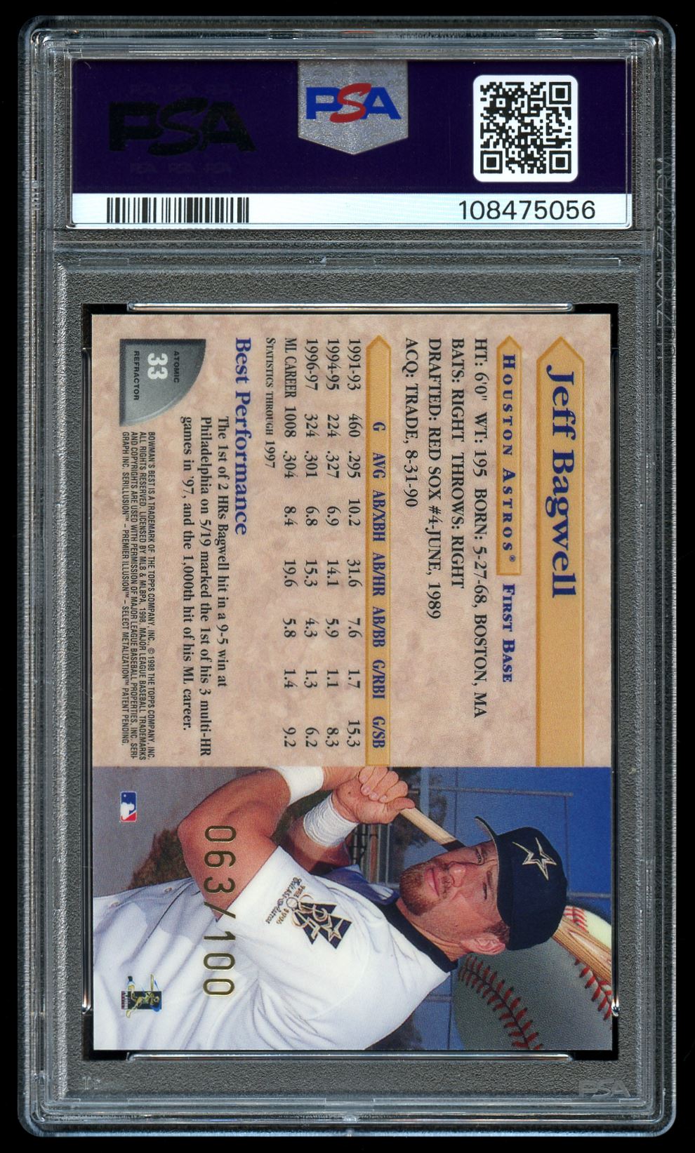 1998 Bowman's Best Atomic Refractor #33 Jeff Bagwell /100 PSA 10 GEM MINT