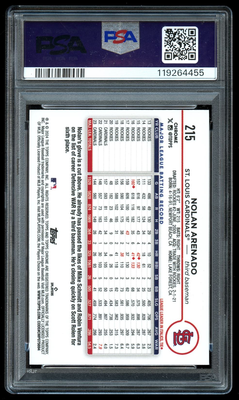2024 Topps Chrome Gold Refractor #215 Nolan Arenado /50 PSA 9 MINT