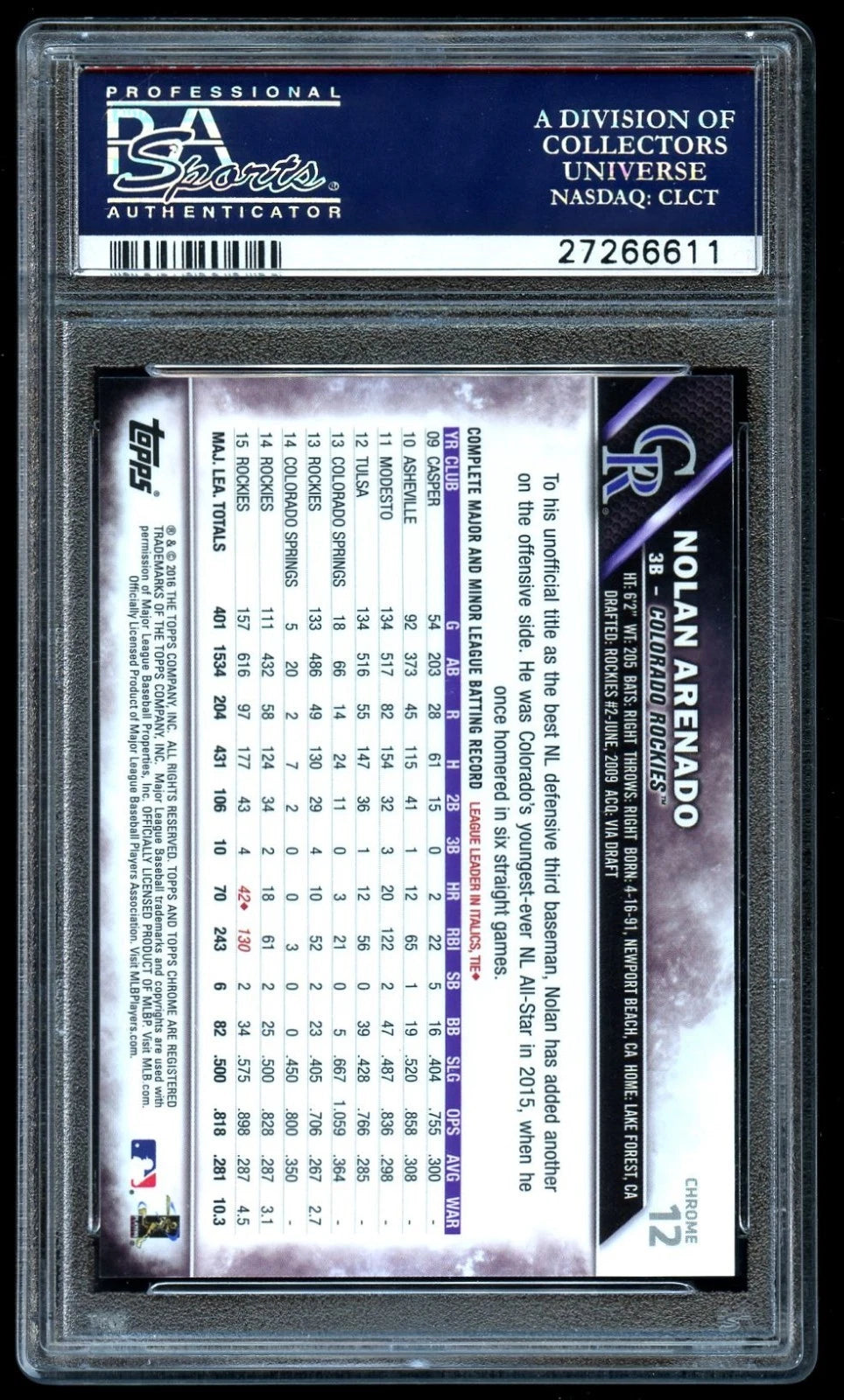 2016 Topps Chrome Sapphire #12 Nolan Arenado PSA 10 GEM MINT