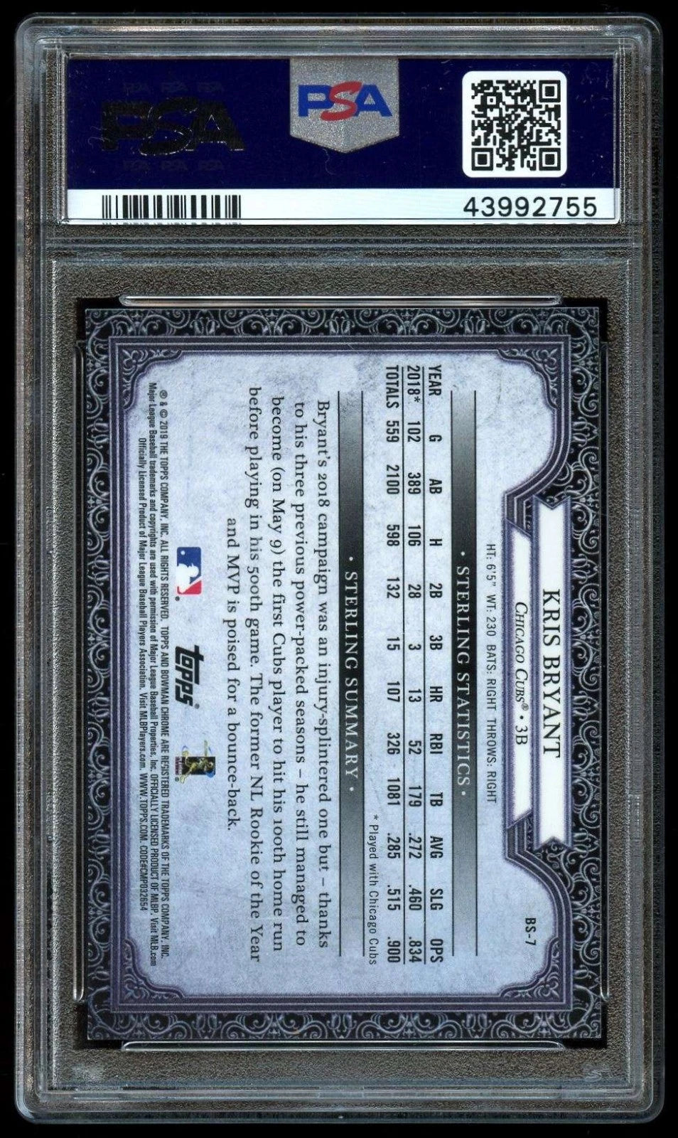 2019 Bowman Sterling Continuity Superfractor #BS7 Kris Bryant 1/1 PSA 9 MINT